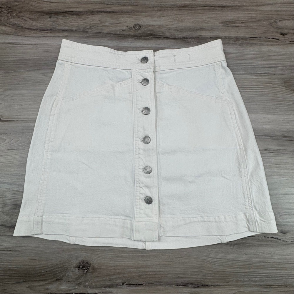 Madewell White Stretch Denim A-Line Button Front Mini Skirt Size 4‎ A0354
